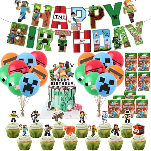 Fizdoqg Geburtstagsdeko Kinder Set Gaming Kindergeburtstag Deko Geburtstag Deko Junge Enthält Happy Birthday Banner Luftballons Tortenaufleger Geschenktüten für 3 4 5 6 7 8 9 10 Jahre von Fizdoqg