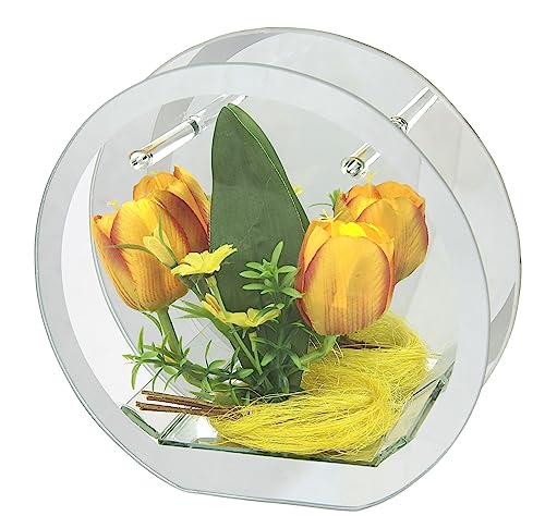 Dekoriertes Deko-Objekt aus Glas mit Tulpen Gänseblümchen Hase LED Licht Lichterkette Lichtergirlande LED-Girlande Stimmungslicht Dekoration Ostern Frühjahr Glas Geschenk Dekoobjekt Ornamente 3D Bild von Flair Flower