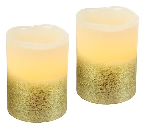 LED Kerzen Echtwachs 2er Set elektrische Kerze LED-Kerze flackernd Warmweiß Stimmungslicht Lichter Dekoration Stumpenkerze große Adventskerzen Adventskranz Kranz Valentinstag, 10x7,5cm, creme/gold von Flair Flower