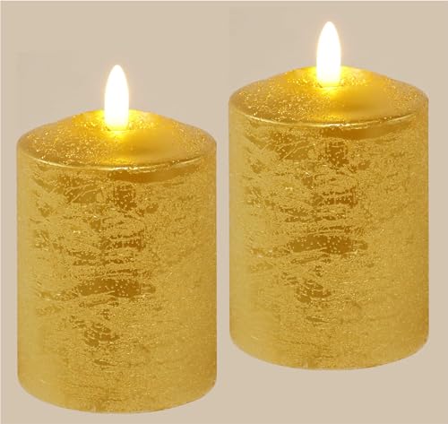 LED Kerzen Echtwachs 2er Set elektrische Kerze LED-Kerze Warmweiß Stimmungslicht Lichter Dekoration Stumpenkerze große Adventskerzen Adventskranz Kranz romantisch Valentinstag, 10x7,5cm, gold von Flair Flower