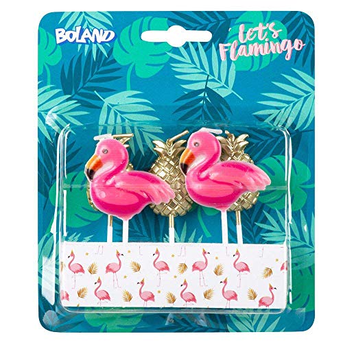 Boland 52564 - Kerzen Flamingo Ananas, 5 Stück, Geburtstagskerzen, Minikerzen, Tortenkerze, Stecker, Spieß, Pink, Gold, Kuchen, Geburtstag, Kindergarten, Dekoration, Geschenk, Gartenparty von Boland