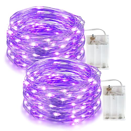 Flaspar Lila Lichterkette Batterie, 2 Stück 5M 50LED Micro Fairy Lights IP65 Wasserdichte Kupferdraht Lichterkette für Weihnachten, Innen Außen Dekoration, Party, Hochzeiten von Flaspar