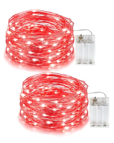 Rote Lichterkette Batterie, 5M 50LED Micro LED Lichterkette, IP65 Wasserdichte Lichterkette für Weihnachten, Urlaub, Festival, Zimmer, Außen, Innen, Party, 2er Pack von Flaspar