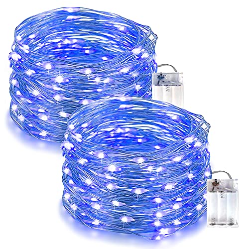 LED Lichterkette Blau, 5M 50 LEDS Silberfaden Lichterkette Außen, IP65 Wasserdicht Lichterkette, 3AA Batteriebetrieben, für Innen außen Weihnachtsdekorationen, Geschenk Deko, Hochzeit, 2 Stück. von Flaspar