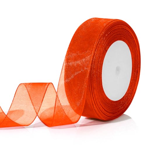 Orangefarbenes Band zum Verpacken von Geschenken, 2,5 cm, 45,7 m, Halloween-Bänder zum Basteln, Tüllband, durchsichtiges Band für Blumenstrauß, Band für Haare, dünnes Band, Geschenkband, von FlexiTonic
