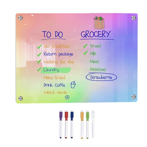 Acryl-Trockenlöschtafel, Kühlschrank-Notiztafel - Bunter magnetischer Schreibnotizplaner aus Acryl,Löschbare Kühlschrank-Notiztafel mit 6 farbigen Markern für Schule und Zuhause von Flkiglm