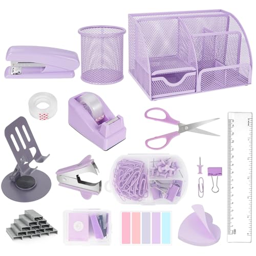 Schreibtisch-Organizer und Zubehör, Bürobedarf, 15 PS Set mit Hefter, Heftklammerentferner, Stifthalter, Clip-Set, Klebebandabroller, Klebeband, Telefonhalter, 1000 Heftklammern, Lineal, Schere (lila) von Floatant