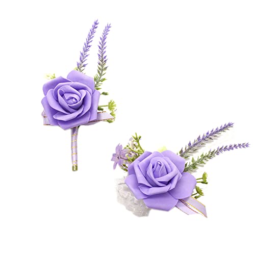 Floinla Lila Ansteckblume und Boutonniere Set Künstliche Rose Lavendel Handgelenk Corsage Armband Armband und Männer Boutonniere Set für Hochzeit Blumen Zubehör Abschlussball Party Dekoration von Floinla