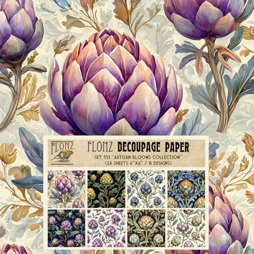 Decoupage-Papier, 24 Blatt, 15,2 x 15,2 cm, Artisan Blooms Kollektion: lebendige Artischocken- und Blumenmuster in satten Purpur- und Grüntönen # Vintage-Papier für Handwerk und Scrapbooking von Flonz