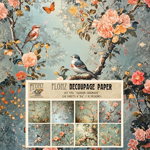 Decoupage-Papier, Garten-Serenade, Vögel und Schmetterlinge inmitten blühender Zweige für naturinspirierte Papierdesigns, Vintage-Papier für Bastelarbeiten und Scrapbooking, 24 Blatt von Flonz