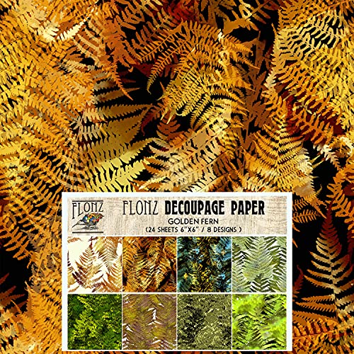 Decoupage-Papier Pack (24 Blatt 15,2 x 15,2 cm) Grün und Goldener Farn Flonz Vintage Stil Papier für Decoupage, Handwerk und Scrapbooking von Flonz