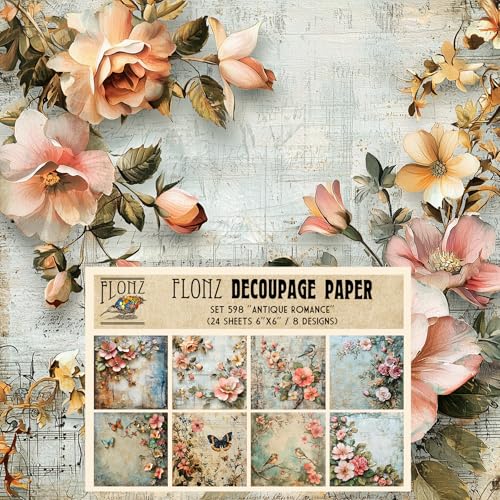 Decoupage-Papier-Packung (24 Blatt, 15,2 x 15,2 cm), antike Romantik: zarte Pastell-Blumen und strukturierte Hintergründe für zeitlose Bastelprojekte, Vintage-Papier für Handwerk und Scrapbooking von Flonz