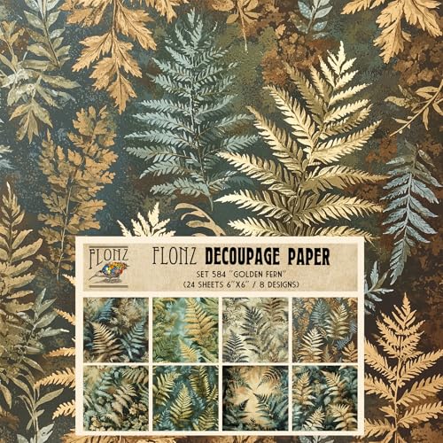 Decoupage-Papier-Packung (24 Blatt 15,2 x 15,2 cm) Goldener Farn: Rustikale Waldfarne in Herbsttönen für naturalistische Bastelinspirationen # Vintage-Papier für Handwerk und Scrapbooking von Flonz