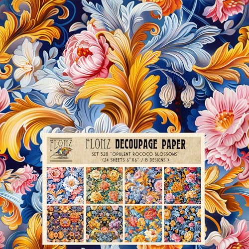 Decoupage-Papier-Packung (24 Blatt 15,2 x 15,2 cm) Opulente Rokokoblüten: Luxuriöse und aufwendige Blumenmuster für anspruchsvolle und zeitlose Design-Themen, Vintage-Papier zum Basteln und von Flonz