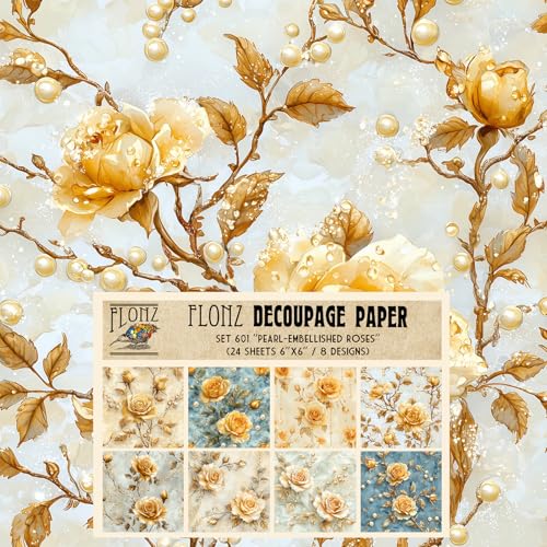 Decoupage-Papier-Packung (24 Blatt 15,2 x 15,2 cm) Perlen verzierte Rosen: Goldene Blumen mit einem Hauch von Opulenz für luxuriöse Papierkreationen # Papier im Vintage-Stil zum Basteln und von Flonz