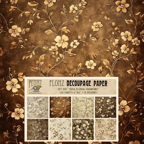 Decoupage-Papier-Packung (24 Blatt 15,2 x 15,2 cm) Sepia Floral Harmony: Weiche antike Blumen-Designs auf sattem braunem Hintergrund für zeitlose Basteleleganz # Vintage-Papier für Handwerk und von Flonz