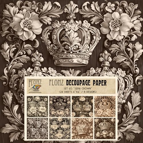 Decoupage-Papier-Packung (24 Blatt 15,2 x 15,2 cm) Sepia-Krone: Vintage-Kronenmotive in eleganten Sepia-Farbtönen für zeitlose Decoupage und raffinierte Papierkunstkreationen # Papier im Vintage-Stil von Flonz