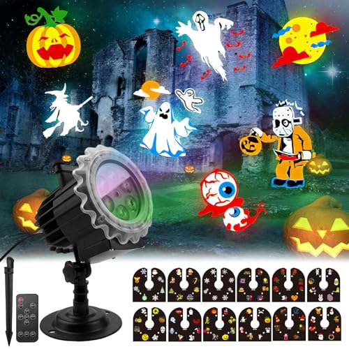 Halloween Projektor Aussen, 8 Mustermodus LED Schneeflocken Projektionslampe mit 96 Cartoons, Halloween Deko, Wasserdichte Projektor Lichter mit Fernbedienung für Weihnachtsdeko Silvester Deko von FloraForge