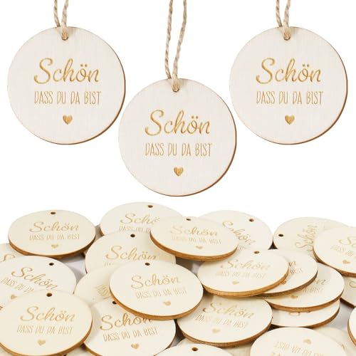 FloralGrace 30 Stücke Holz Geschenkanhänger Holzscheiben Holzdeko Streudeko Holzanhänger 4cm Rund Vintage Etiketten Tags Für Hochzeitsdeko DIY (Schön DASS DU DA BIST) von FloralGrace