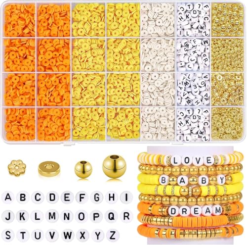 Floraslee Einfachekunst 5000pcs+ Perlen Freundschaftsarmbänder selber machen set,Armbänder selber machen 4mm Glasperlen&6mm Tonperlen,Perlenset für armbänder erwachsene,Perlen für Armbänder (Gelb) von Floraslee