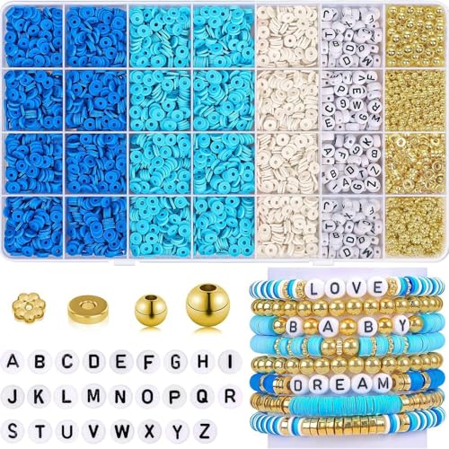 Floraslee Einfachekunst 5000pcs+ Perlen Freundschaftsarmbänder selber machen set,Armbänder selber machen 4mm Glasperlen&6mm Tonperlen,Perlenset für armbänder erwachsene,Perlen für Armbänder (Blau) von Floraslee