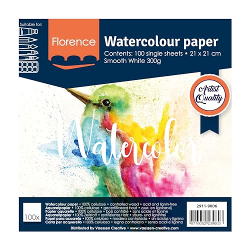 Florence Aquarellpapier, glatte Textur, 21 x 21 cm, Weiß, 100 Blatt, 300 g/m², Sketchbook zum Zeichnen, Kalligraphie und Aquarellmalerei von Florence