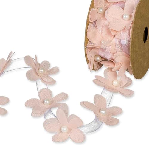 STOFFBAND BLÜTEN mit Perlen Breite 40 mm APRICOT Länge ca 3 m von Florissima