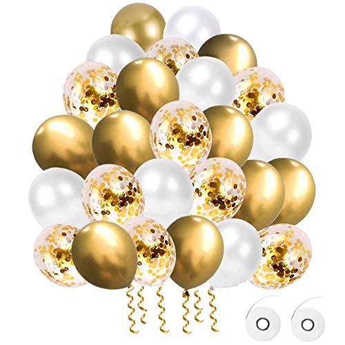 Flow.month 60 Stück Luftballons, Gold Luftballons Gold Weiß Konfetti Ballons Matellic Latex Ballons Helium Ballons für Hochzeit Mädchen Kinder Geburtstag Party Dekoration (Golden) von Flow.month