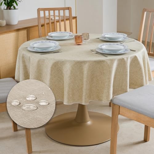 Tischdecke Outdoor Abwaschbar Rund Φ160cm Beige Durchmesser Gartentischdecke Tischdecken Wetterfest Wachstuchtischdecke Table Cloth Made in Italy für Den Außenbereich Tischtuch von Flowen