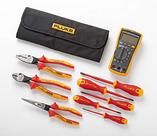 Elektriker-Multimeter Fluke 117 + Starter-Kit mit Handwerkzeugen (5 isolierte Schraubendreher und 3 isolierte Zangen und Wickeltasche) IB117KEUR von Fluke