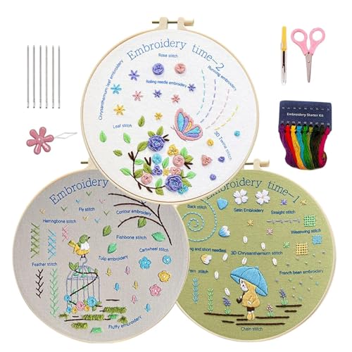 FmtwPhn Einfache Sticksets für Anfänger,Stickset, 3 Sets kreative Handstickerei, Schritt-für-Schritt-Anleitung, Nadelspitzen-Set, Nähset für Erwachsene, für Damen, Herren, Anfänger von FmtwPhn