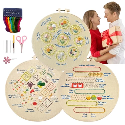 FmtwPhn Stickset für Anfänger, einfache Sticksets für Anfänger - 3 Sets kreative Handstickerei - Stickset für zu Hause, Schritt-für-Schritt-Anleitung, Nähset für Erwachsene für Bastelliebhaber von FmtwPhn