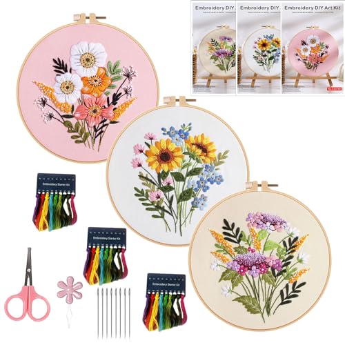 Fnjuucw Stickset für Anfänger, 3 Pack Kreuzstich Starter kit mit Anleitung 20cm Stickrahmen Erwachsene Anfänger Sticksets mit 3 Stickrahmen, Fäden und Nadeln (Blumenmuster) von Fnjuucw