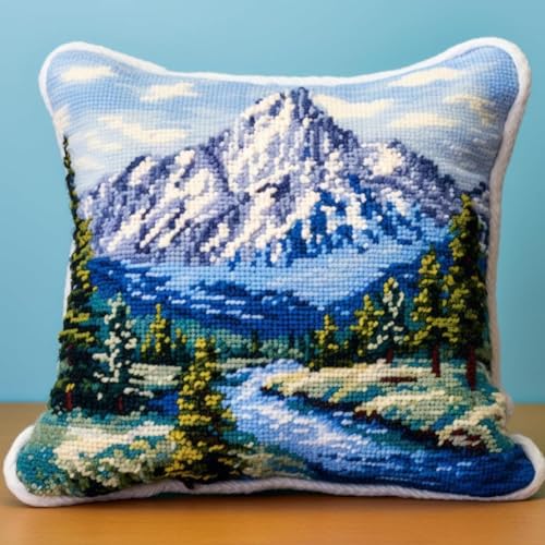 FnnEmg Diy Knüpfkissen Mit Vordruck Schnee Berg Wald Landschaft Kissenbezug N?hen Herstellung Kits Diy H?kelgarn Kits Stickerei Kits 17X17In B von FnnEmg