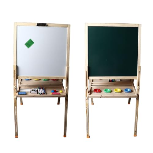 Kinder Staffelei aus Holz mit trocken abwischbarem Whiteboard und Kreidetafel, Ablagefach, verstellbarer, faltbarer, magnetischer, doppelseitiger Zeichentafel, von Fockety