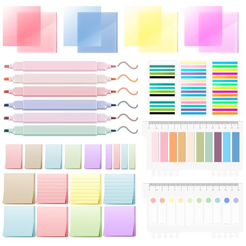 Focxoio 3200 Haftnotizen + 6 Textmarker Pastell, Notizset mit Post-it, Transparenten Notizen, Liniennotizen, Sticky Notes Set – Büro & Schulbedarf für Organisation & Kreativität von Focxoio