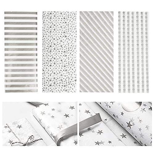 60 Blatt Geschenkpapier Metallic Seidenpapier Folie Packpapier mit Stern Streifen Punktmuster zum Basteln Weihnachten Geschenk Geburtstag Hochzeit, 50x70cm, 4 Muster (Silber) von Fodlon