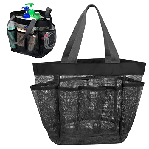 Tragbarer Duschkorb aus Netzstoff, Duschtasche mit 8 Taschen und Tragegriff, Mesh Strandtasche Waschtasche Aufbewahrungstasche Organizer Hängetasche für Camping Reisen Wohnheim Fitnessstudio, Schwarz von Fodlon