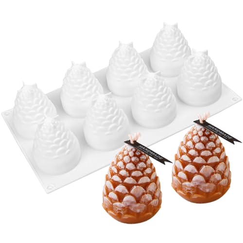 Weihnachten 3D Kerze Form Weiß, 8 Hohlräume Tannenzapfen Silikonform, Silikon Kerzenform Backformen Kuchen Formen für Schokolade Dessert Mousse Fondant, Kerzengießform für DIY Seife Weihnachten Deko von Fodlon