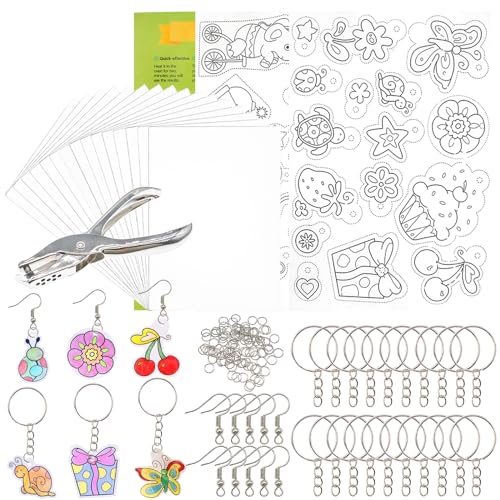 Foeipy 148 Stück Schrumpfen Blatt Set Handgemachte Hitze Schrumpfen Blatt Material Kit Schrumpffolie Papier Set Enthält Locher, Schlüsselring für Handgemachte DIY Dekoration von Foeipy