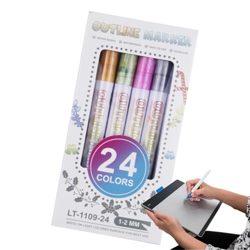 24 Farben schimmernde Konturmarker | Zeichen- und Bastelstifte | Stifte für die Kunst | Kritzeln und Kartenmachen | Ideal für Grußkarten und Schul-Kunstbedarf | Vielseitige Marker für kreativen Ausdr von Foeirp