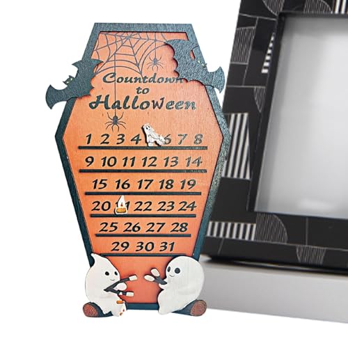 Foeirp Halloween-Countdown-Kalender aus Holz, Sarg-förmiger Holz-Adventskalender, Fledermaus mit beweglichen Holzblöcken, 31 Tage, Halloween-Countdown-Tischdisplay für drinnen und Zuhause von Foeirp