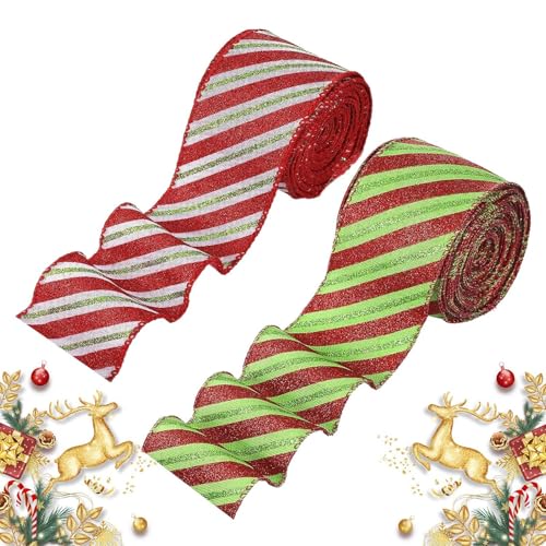 Weihnachts-Glitzer-Streifenband | Rot-weißes Ripsband | Weihnachtsband mit Draht | Weihnachtliches horizontal gestreiftes Dekoband mit 457,2 cm/180 Zoll für Zuhause, Baum, Fenster, Wand von Foeirp