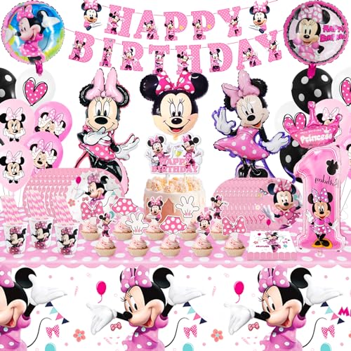 111 Stück Partygeschirr Kindergeburtstag 1 Jahre，Minnie Party Deko Geburtstagsdeko Geburtstag Geschirr Kit Geburtstagsdeko Rosa Partygeschirr Luftballon Banner Pappbecher Geburtstagsdeko für Kinder von Foesihep