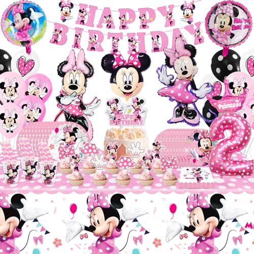 111 Stück Partygeschirr Kindergeburtstag 2 Jahre，Minnie Party Deko Geburtstagsdeko Geburtstag Geschirr Kit Geburtstagsdeko Rosa Partygeschirr Luftballon Banner Pappbecher Geburtstagsdeko für Kinder von Foesihep