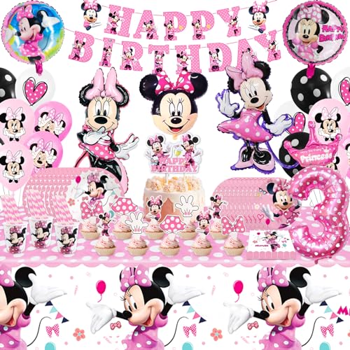 111 Stück Partygeschirr Kindergeburtstag 3 Jahre，Minnie Party Deko Geburtstagsdeko Geburtstag Geschirr Kit Geburtstagsdeko Rosa Partygeschirr Luftballon Banner Pappbecher Geburtstagsdeko für Kinder von Foesihep