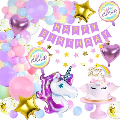 Balloons 86Pcs Einhorn Geburtstagsdeko Mädchen, Einhorn Geburtstagsdeko Luftballons, Einhorn Deko Kindergeburtstag Deko Party Deko, Bunte Luftballons Geburtstag Deko Kuchen Topper Happy Birthday Deko von Foesihep