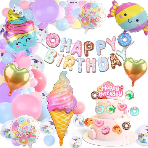 Balloons 95Pcs Süßigkeiten Geburtstagsdeko Mädchen, Süßigkeiten Eiscreme Geburtstagsdeko Luftballons Kindergeburtstag Deko, Bunte Luftballons Geburtstag Deko Krapfen Kuchen Topper Happy Birthday Deko von Foesihep