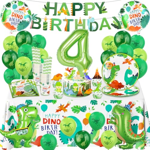 Dino Luftballons Geburtstag Deko 4 Jahre- Dinosaurier Geburtstag Geschirr Set 4 Jahr Dino Partygeschirr Junge Geburtstagsdeko Party Pappteller Kindergeburtstag Tischdecke Teller Servietten Becher Deko von Foesihep