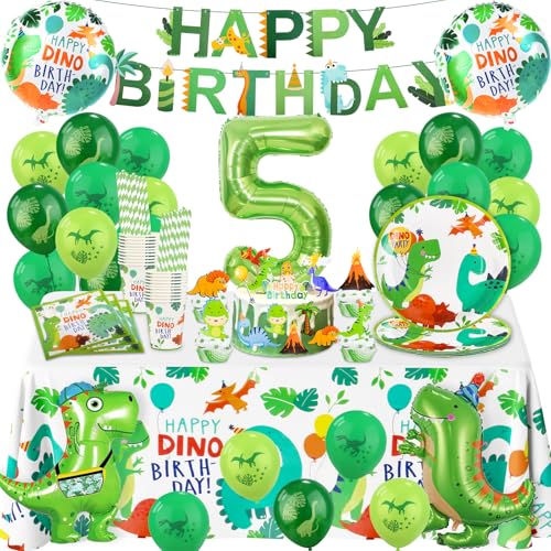 Dino Luftballons Geburtstag Deko 5 Jahre- Dinosaurier Geburtstag Geschirr Set 5 Jahr Dino Partygeschirr Junge Geburtstagsdeko Party Pappteller Kindergeburtstag Tischdecke Teller Servietten Becher Deko von Foesihep